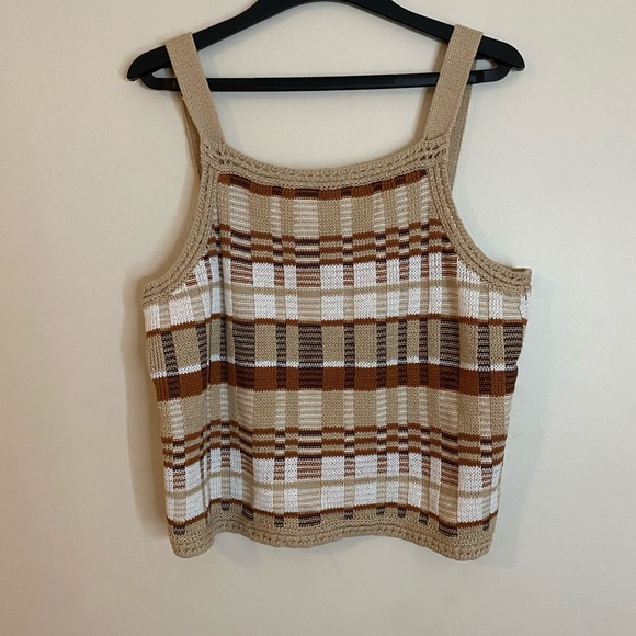 Banana Republic Cotton Beige and Brown Checkered Crochet Knit Top size XL - Picture 5 of 10